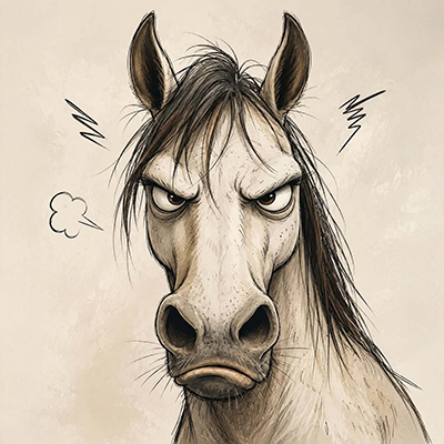 Dessin d'un cheval cartoonesque très contrarié.